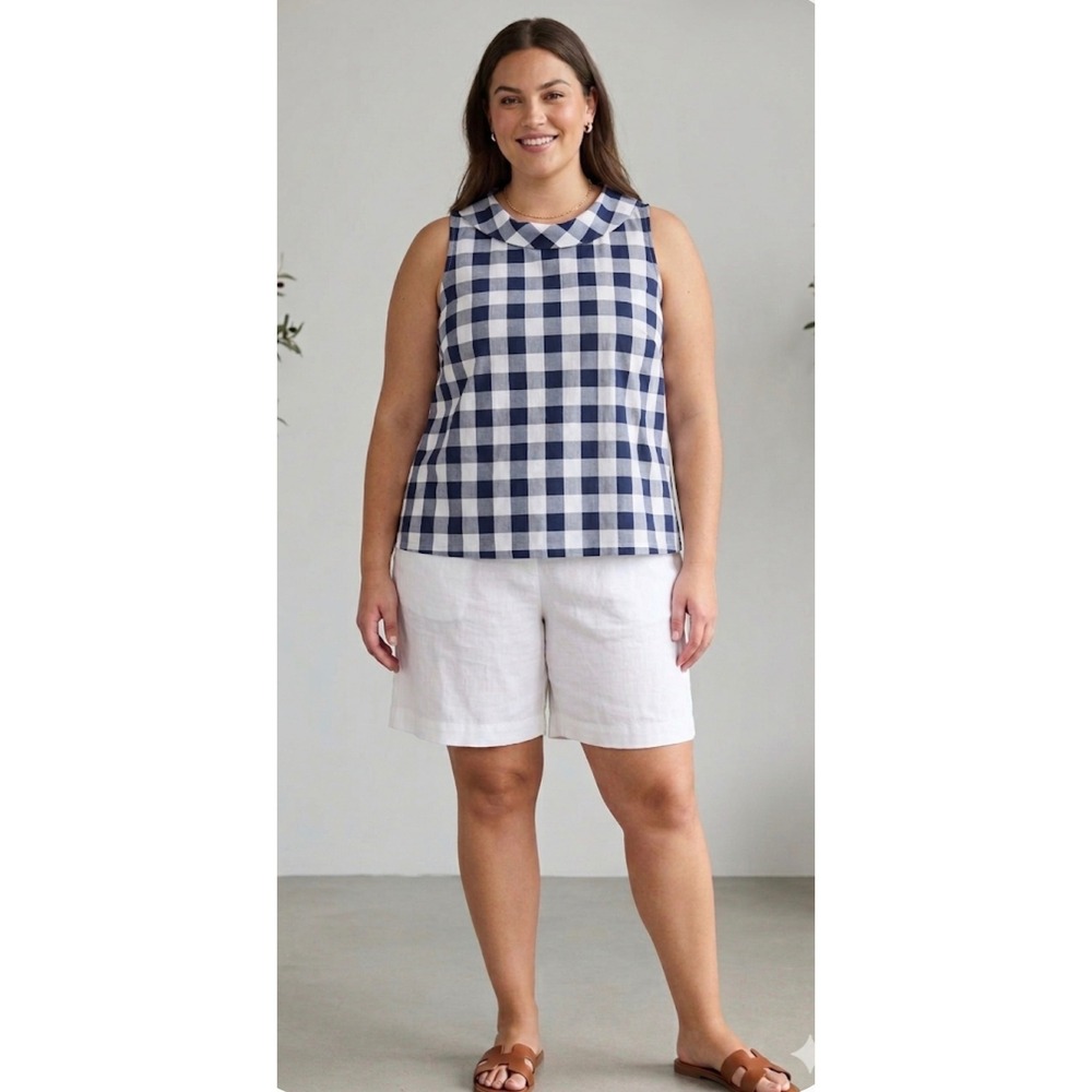 Talbots Gingham Shell Women 16WP Navy Blue Excellent Roll Collar Button Back